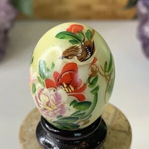 Vintage Hand Painted Green Jade Stone Egg with Sparrow Wren Bird Wood Stand 1.5"
